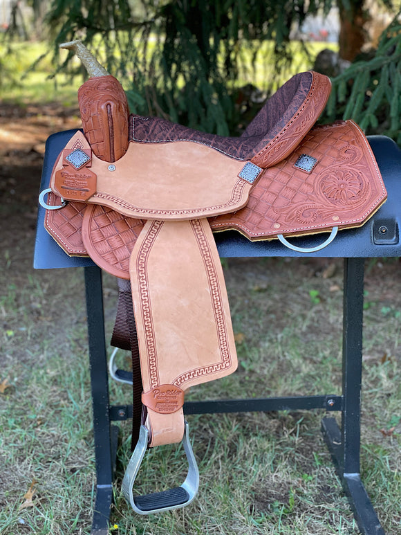 14.5 inch Pro Rider Saddle, carved basket tooling, square conchos, 5052-7MGT