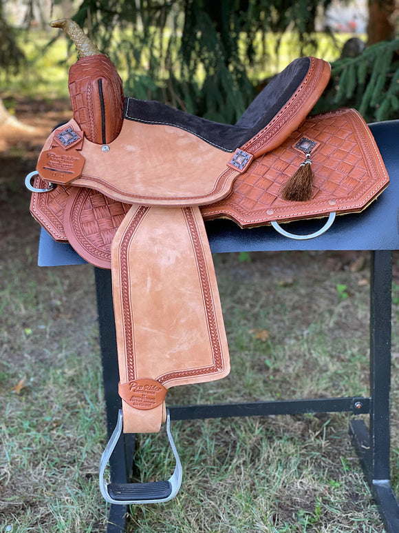 14 inch Pro Rider Saddle, carved basket tooling, cut corner skirt, 5053-7MGT-NOI