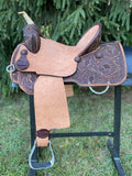 New 14.5 inch Pro Rider barrel saddle with wide tree buffed leather and pencil roll cantle hard seat