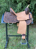 New 14.5 inch Pro Rider barrel saddle with wide tree buffed leather and pencil roll cantle hard seat